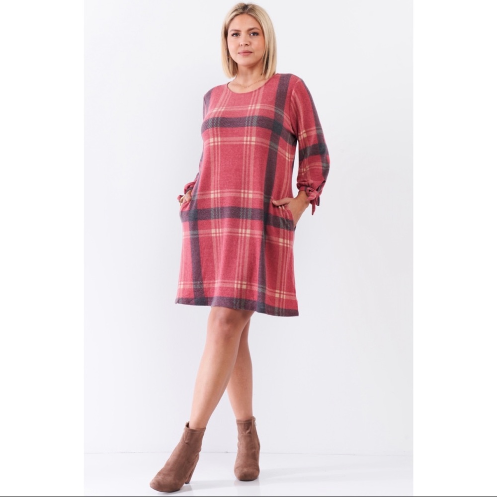 SOLD❤️Gilli Retro Dusty Red Plaid Relaxed Soft Mini Dress - Picture 4 of 6